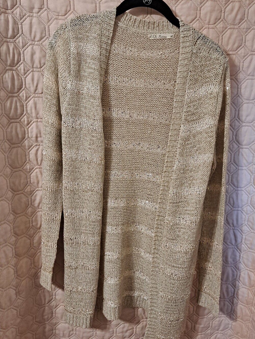 Xside Side Stitch Open-Front Beige-Tan Knit Cardigan Sz M